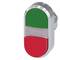 Oval two-tone button, upper half green, lower half red, in a silver casing.