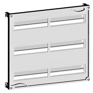 Metal plate with several rectangular cut-outs in three horizontal rows, mounted on a black frame structure.