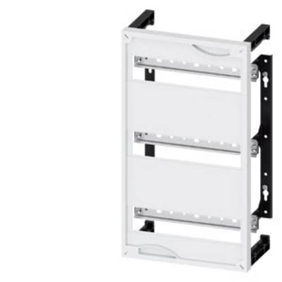 A blank metal distribution board with multiple rows for electrical components, mounted on a wall bracket.