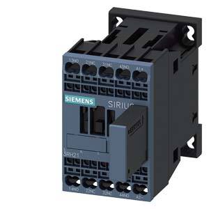 A black Siemens SIRIUS contactor, an electrical switching device, is shown. Front view displays connections and company logo.