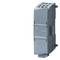 Industrial communication module in grey colour, vertically positioned, with lateral connection contacts. Suitable for industrial networks.