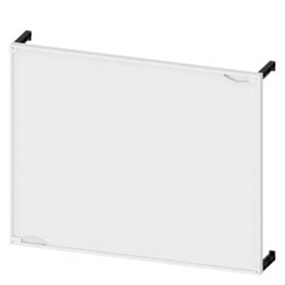 A white, rectangular panel with black corner brackets, possibly part of a piece of furniture or a partition.