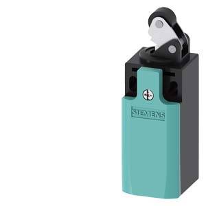 A turquoise safety switch with a black lever by Siemens, commonly used in industrial applications for machine control.