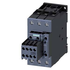 A black electric contactor from Siemens, shown with multiple connection terminals and labels for controlling electrical circuits.