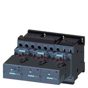 Triple-pole circuit breaker for industrial electrical installations, blue and black, with Siemens logo on the front.