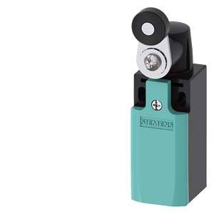 An electrical switch with a roller lever, predominantly in teal and black, compact and industrially designed.