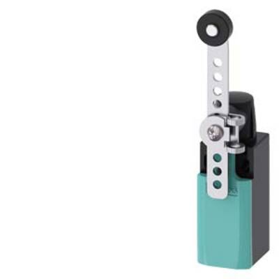 A safety limit switch in vertical orientation, with lever arm and roller actuator, commonly used in industrial applications.