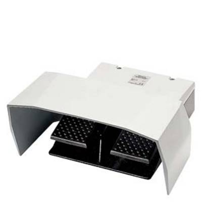 'An electric foot pedal in a white casing with two large treads.'