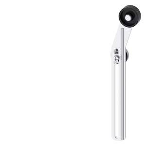 Metallic adjustable arm with a black wheel at its tip, potentially part of a furniture or machinery mechanism.