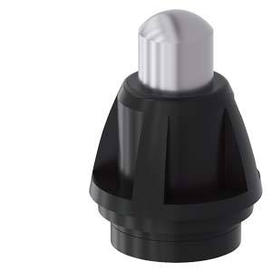 Black rubber buffer with metal end, cylindrical shape. Used as a shock absorber for machinery or furniture.