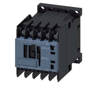 A black electric contactor type SIRIUS 3RT2017 with a blue front cover, suitable for industrial applications.