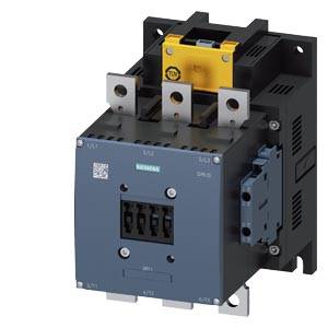 An electrical contactor with a black and blue housing, featuring yellow and grey terminals, used for controlling electrical circuits.