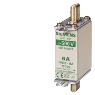 Siemens fuse, type 3ND1, rated at 500V and 6A. Designed for NH fuse systems, suitable for overcurrent protection.