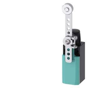 A lever switch with a long actuating arm and a turquoise housing, positioned vertically.