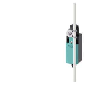 A turquoise switch with a lever mechanism on a black housing, connected on the left with a vertical rod.