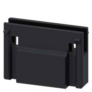 A black, rectangular plastic component with multiple vertical and horizontal structures, possibly a container part.