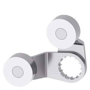 A silver, mechanical cogwheel with two cylindrical rollers, likely used as a connecting component.