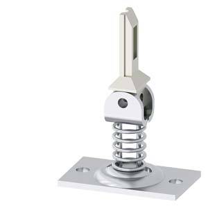 A silver metal component with a spring mechanism mounted on a rectangular base. Primary element in machines or mechanical systems.