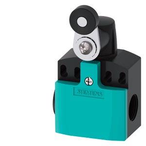 A blue end switch with a black roller lever. The lever is mounted on top, and the switch displays the logo of a well-known brand.