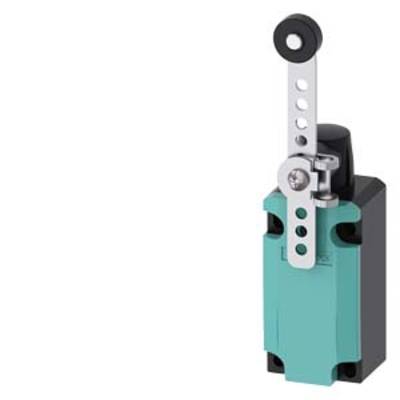 An electrical limit switch with a lever arm mounted on a housing. Used in automation and safety applications.
