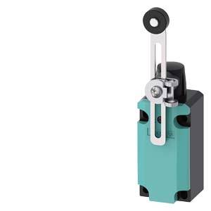 A mechanical limit switch with rotary lever and roller wheel, housed in a green casing, for position monitoring in industrial applications.