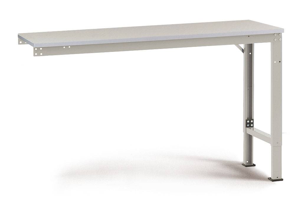 A simple, rectangular, light-coloured table with metal legs.