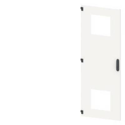 A white door with two square window apertures and a black handle on the right-hand side.