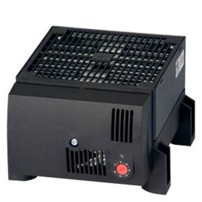 Black fan heater with ventilation grille at the top and adjustable thermostat on the front. Device stands on stable feet.