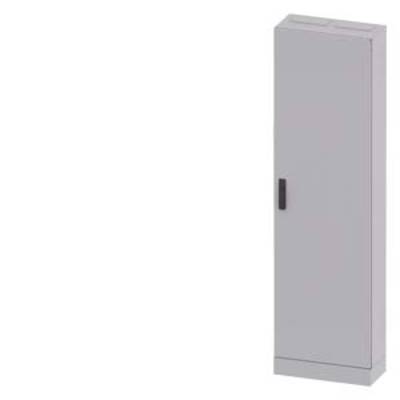 A grey, narrow cupboard with one door and a handle, set against a white background. It has a simple, functional design.