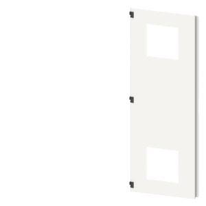 A white door with a square window at the top and bottom.