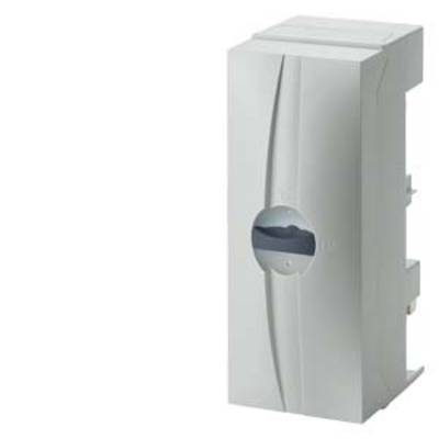 Grey electrical switch viewed from the front, rectangular with a round handle in the centre, minimalist design.