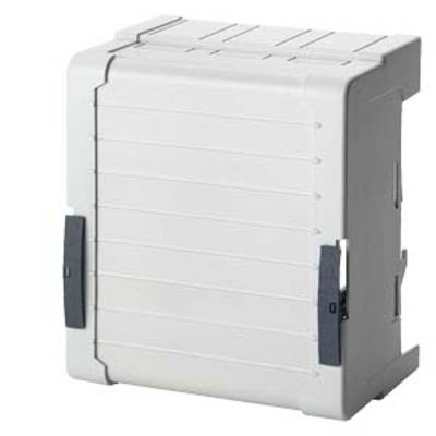 A grey, rectangular enclosure with black fasteners on the sides. It is typically used for storing or protecting electrical equipment.