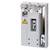 A three-pole fuse holder with a yellow warning symbol for electrical voltage, manufactured from grey material.