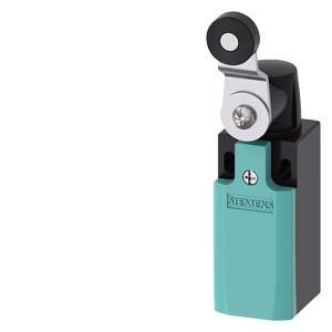 A Siemens electrical switch with a black and turquoise housing and a round, metallic activation lever.