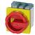 A red rotary switch with a yellow base; suitable for switching electrical devices on or off.