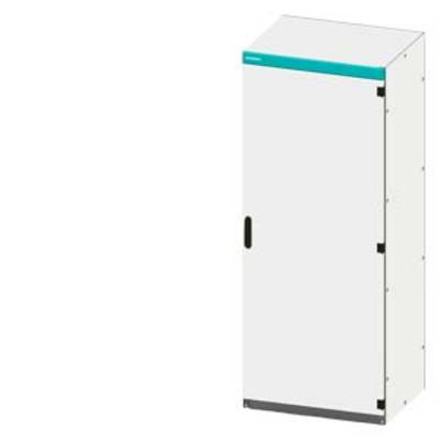 White, narrow wardrobe with a turquoise trim at the top. Simple design with a handle on the right-hand side.
