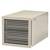 A rectangular, beige-coloured fan heater with multiple horizontal ventilation slots and small symbols in the top right-hand corner.