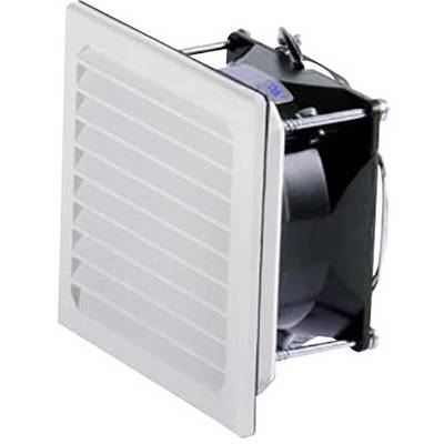 A white ventilation fan with a protective grille for installation in ventilation systems. The fan blades are partially visible through the grille.