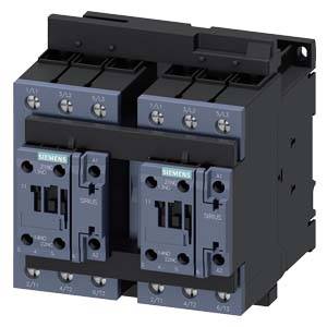 Double Siemens contactor for electrotechnical applications. Black housing, blue labelling on front.