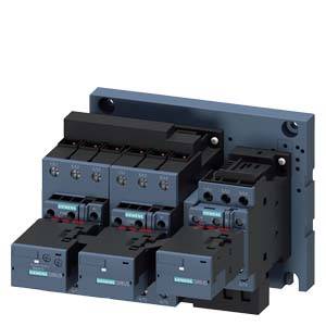 An electrical switchgear consisting of multiple contactors, mounted on a grey mounting plate. These are Siemens products.