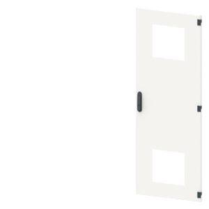 White door with two square windows and a black handle, opened to the right.