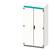 A white, two-doored metal cabinet with a turquoise stripe across the top, stands upright.