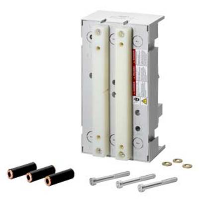 An electrical component consisting of a white housing with two rows of electrical contacts, alongside three screws and three sleeves.