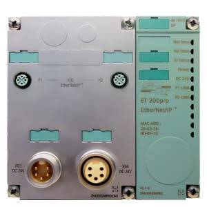 An electrical control module with connectors and labels for Ethernet and power supply, for industrial automation.