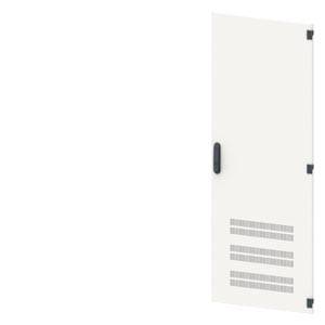 White cupboard door with ventilation slots and black handle, side view.