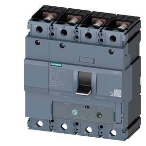 Four-pole circuit breaker, grey enclosure, used to protect electrical circuits against overload and short circuit.