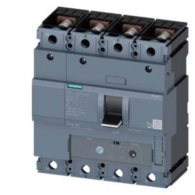 Four-pole circuit breaker, grey enclosure, used to protect electrical circuits against overload and short circuit.