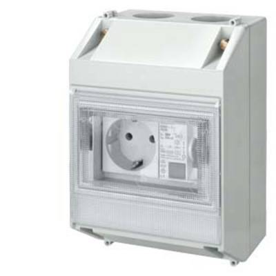 Socket in a robust, weatherproof housing suitable for outdoor use, with a transparent protective cover.