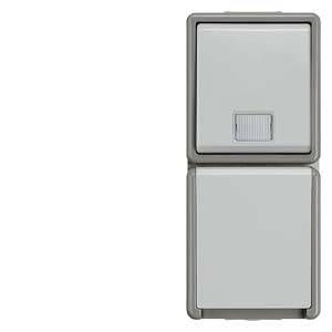 A double light switch with rectangular buttons; the upper button has a textured surface, the lower button has a smooth surface.