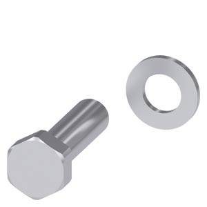 Metal screw and washer, arranged side by side.